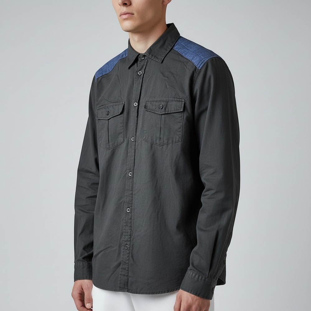 H&M Button Up Shirt Mens XL Black Blue Quilted Shoulder Utility Workwear Cotton
